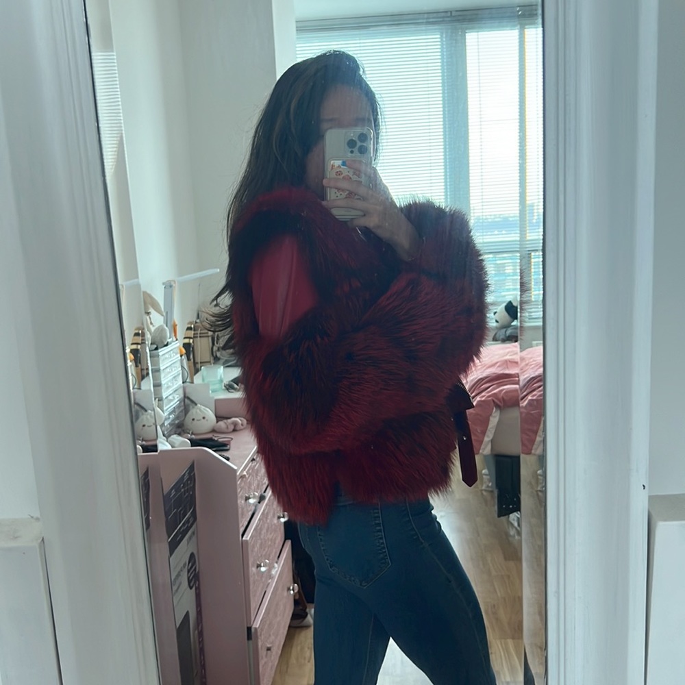 Like New Diana Roosh Bright Red Fox Fur Sheep Skin Leather Jacket Fur Coat View 3